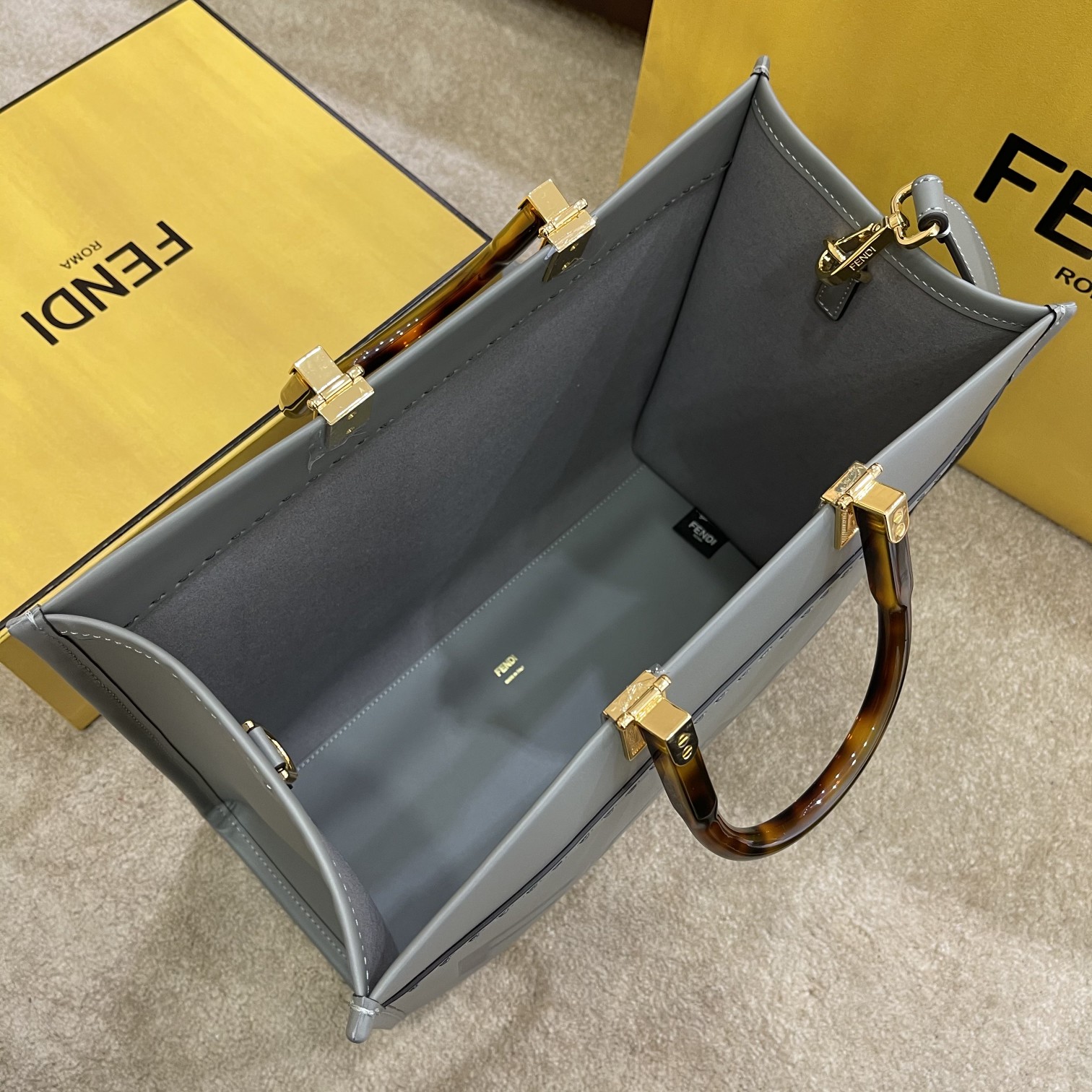 Fendi Medium Sunshine Shopper Grey Leather Bag 